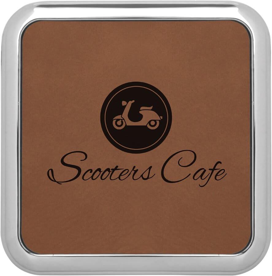 Square Dark Brown Leatherette Coaster w/Silver Edge - Etchlahoma