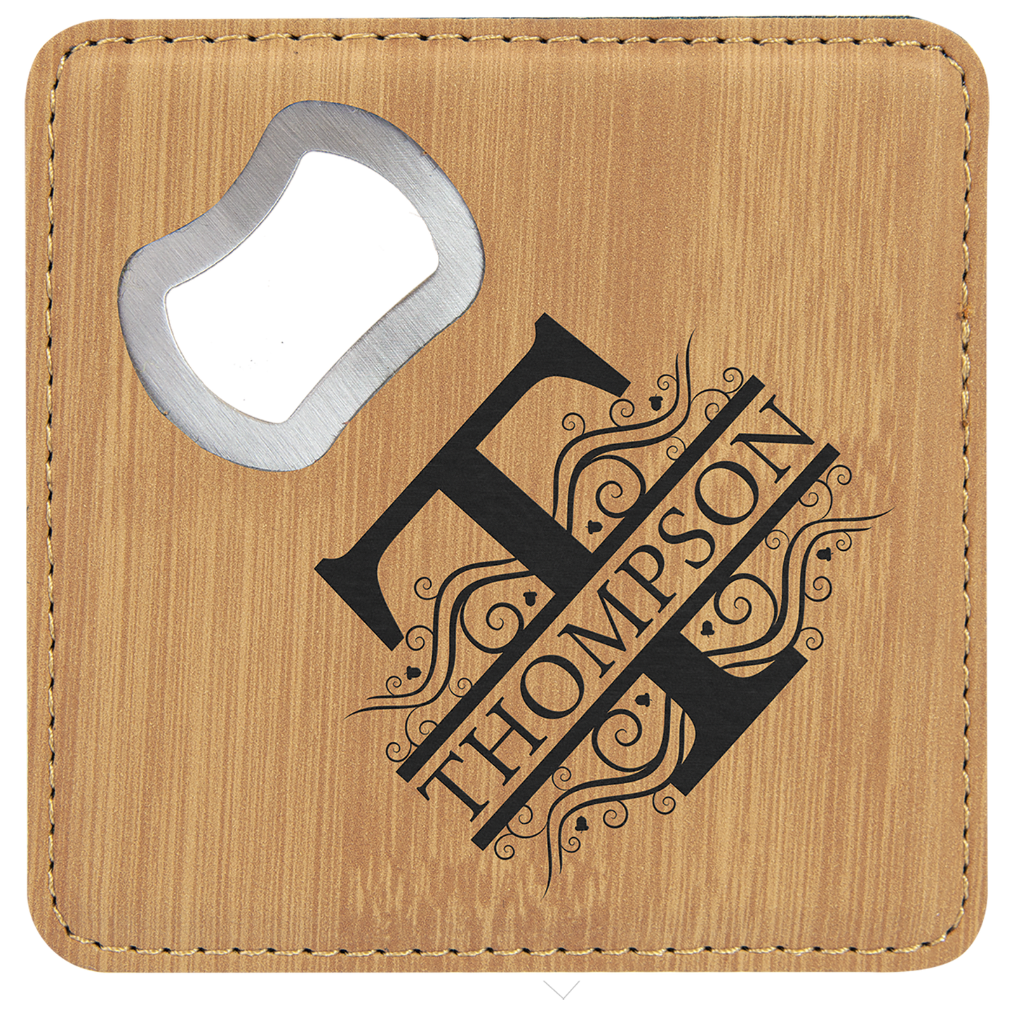 Square Bamboo Laserable Leatherette Coaster with Bottle Opener