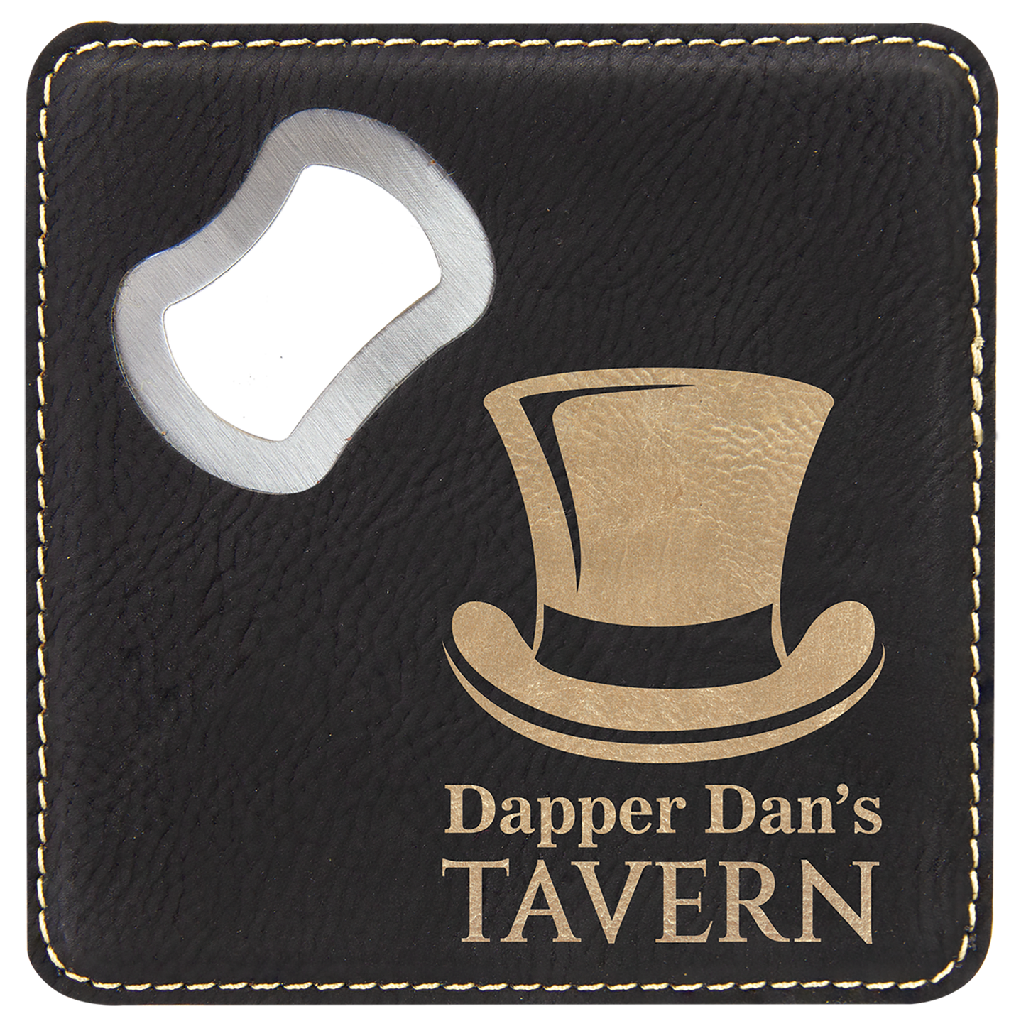 Square Black/Gold Laserable Leatherette Bottle Opener Coaster