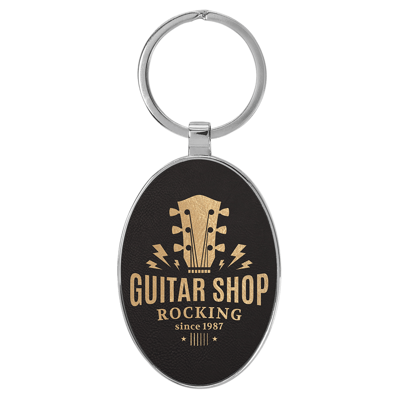 Leatherette /Metal Black/Gold Oval Keychain - Etchlahoma