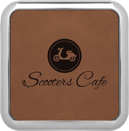 Square Dark Brown Leatherette Coaster w/Silver Edge - Etchlahoma