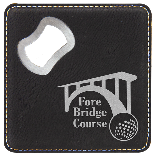 Square Black/Silver Laserable Leatherette Coaster with Bottle Opener