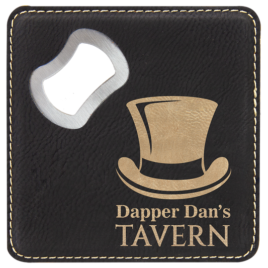 Square Black/Gold Laserable Leatherette Bottle Opener Coaster