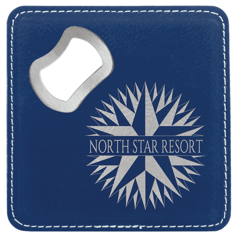 Square Blue/Silver Laserable Leatherette Coaster with Bottle Opener
