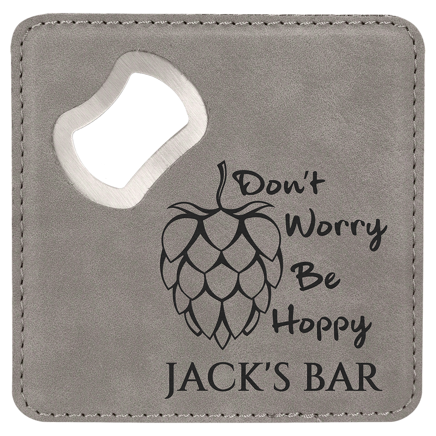 Square Gray Laserable Leatherette Bottle Opener Coaster