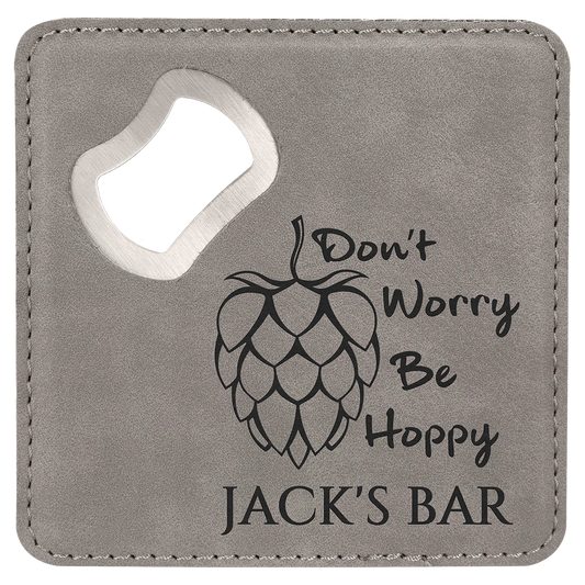 Square Gray Laserable Leatherette Bottle Opener Coaster