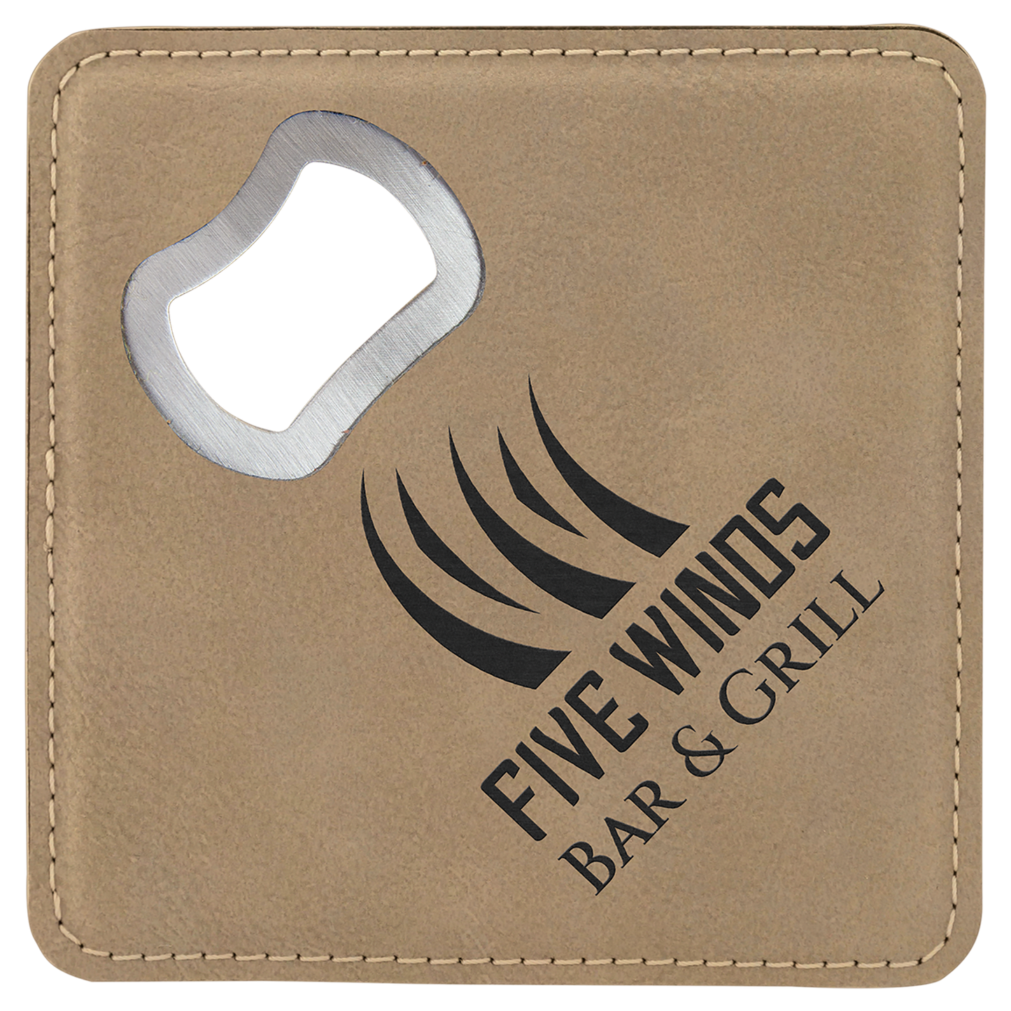 Square Light Brown Laserable Leatherette Bottle Opener Coaster