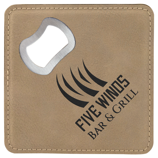 Square Light Brown Laserable Leatherette Bottle Opener Coaster