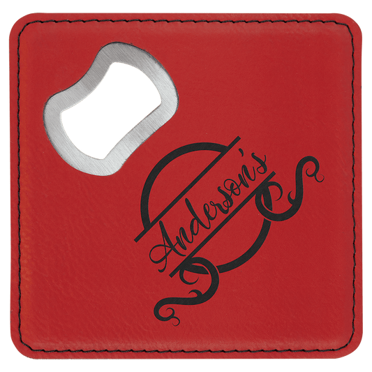 Square Red Laserable Leatherette Bottle Opener Coaster