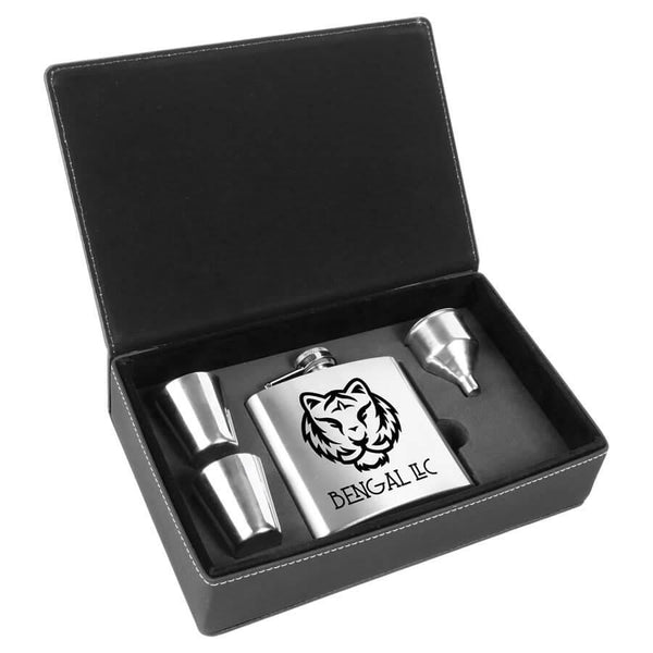 Stainless Steel Flask Set in Black/Silver Leatherette Box - Etchlahoma